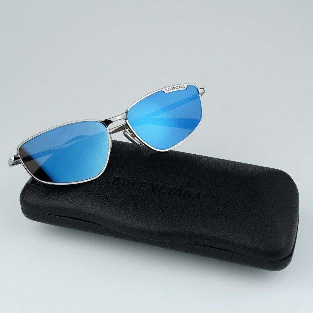 NEW Balenciaga BB0277S 003 Ruthenium Blue Mirrored Geometric Unisex Sunglasses - Picture 2 of 14